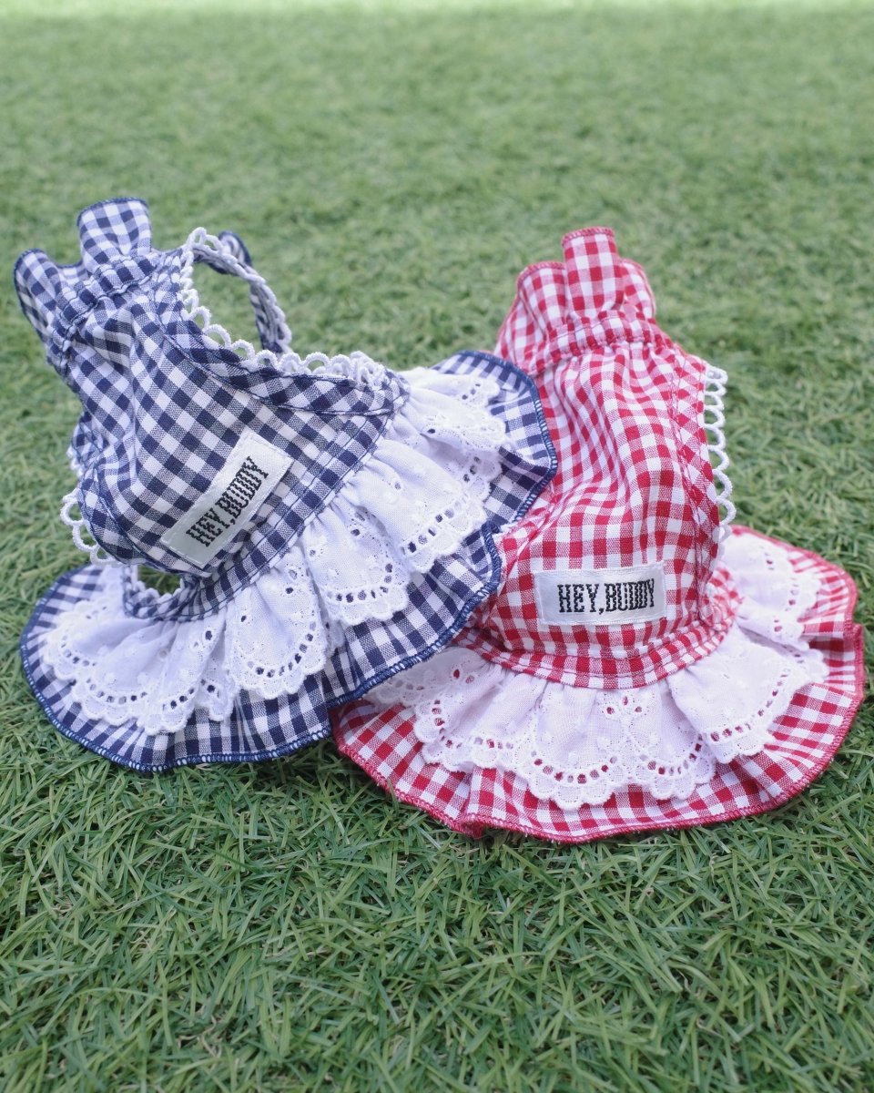 gingham check lace bonnet - HEY,BUDDY